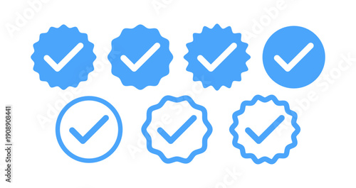 Account verification icon set with check mark badge symbols for confirmed approved and verified status