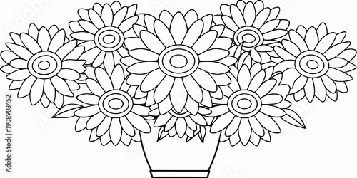 A bouquet of stylized daisies in a simple vase line art