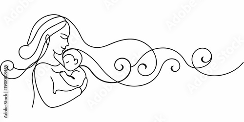 A continuous line drawing depicts a mother tenderly holding her baby