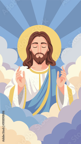 Risen Jesus in Heaven with Halo Easter Celebration Campaign Christian Illustration