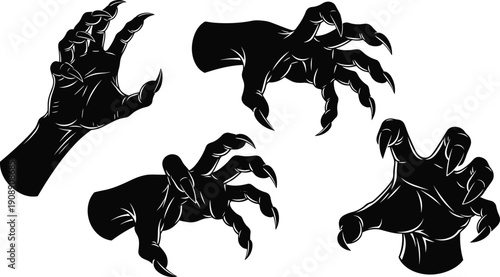 Set of creepy monster hand silhouettes with sharp claws for Halloween party decorations, horror movie graphics, spooky zombie arm vectors, and gothic design,