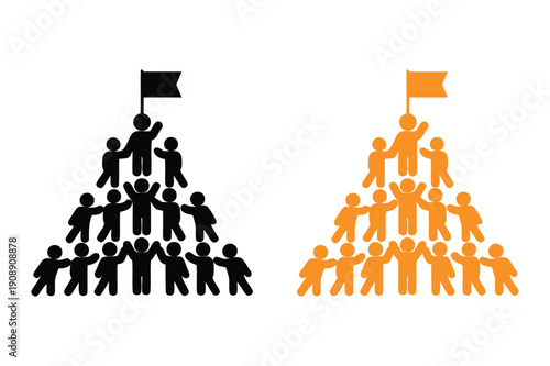 Leadership and teamwork illustration showing two groups of people in hierarchical formation with leaders holding flags, symbolizing unity and cooperation in a simple graphic representation