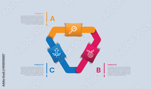 3 points infographic with glossy gradient style with rigid triangle cycle circular with rectangle badge with three segment information