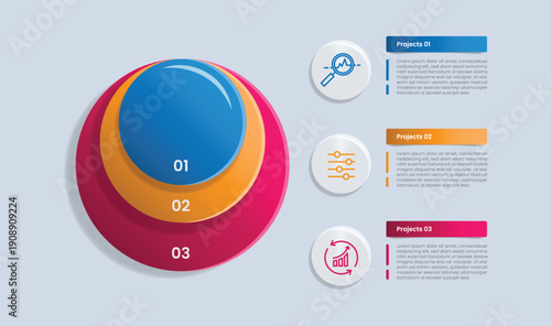3 points infographic with glossy gradient style with big circle with onion diagram style and vertical stacked list with three segment information