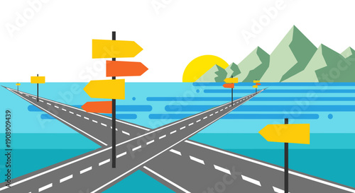An illustrated vector graphic depicts a crossroads with multiple directional signs, roads, and a serene landscape featuring mountains, water, and a setting sun, symbolizing choices.