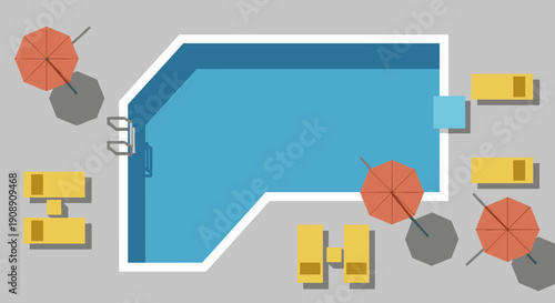 An overhead view illustrates a vibrant, cartoon-style depiction of a swimming pool area, complete with lounge chairs, umbrellas, and a clean, inviting atmosphere, perfect for summer relaxation.