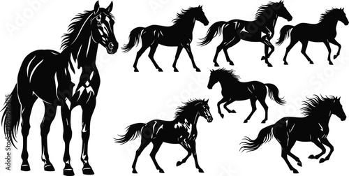 Set of horse silhouettes featuring wild stallions running, galloping, standing, and jumping, perfect for equestrian sports, ranch logos, nature designs, and western themed illustrations