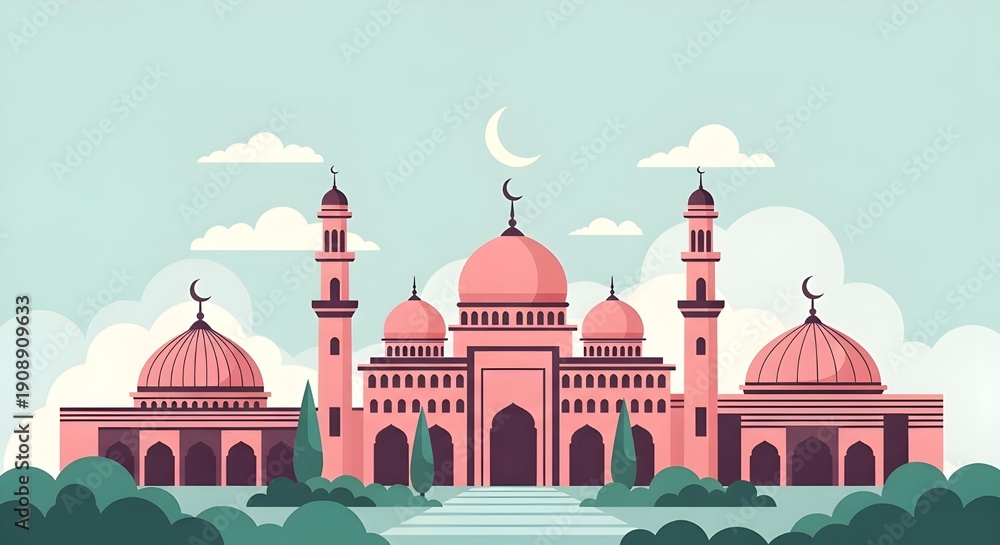 Fototapeta premium Pastel Islamic Mosque Illustration with Crescent Moon for Ramadan and Eid Background