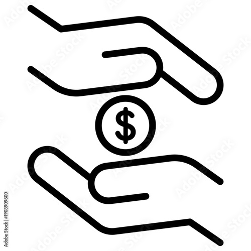 A conceptual line icon showing a coin between two hands representing a loan, grant, or financial assistance