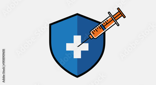 A vector illustration depicts a medical shield with a white cross and a syringe, symbolizing healthcare, vaccination, and protection against diseases in a clean, modern design.