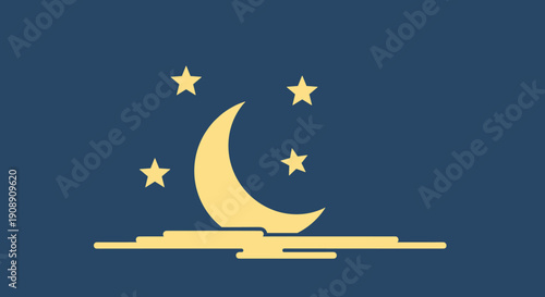 A minimalist illustration presents a crescent moon and stars above stylized clouds against a deep blue backdrop, evoking a sense of calm and nighttime serenity.