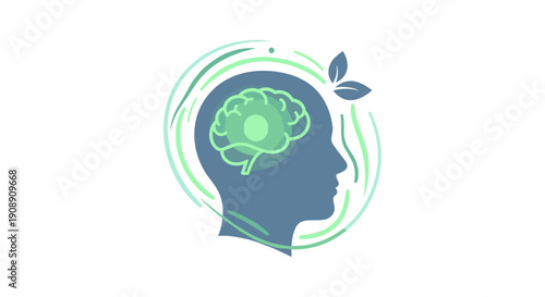 A stylized illustration depicts a human head profile with a glowing brain, surrounded by swirling lines and leaves, symbolizing mental health and well-being.