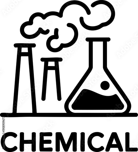 Chemical Industry Line Icon – Laboratory Flask, Factory and Science Symbol
