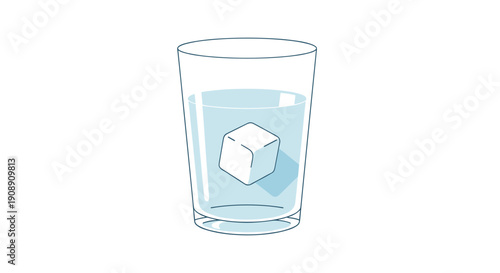 A refreshing illustration depicts a clear glass filled with water and a single ice cube, showcasing a simple yet appealing presentation of a cold beverage on a white background.