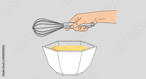 A hand whisks ingredients in a white bowl, the illustration depicting culinary preparation with a whisk and a light-yellow mixture against a neutral gray background.