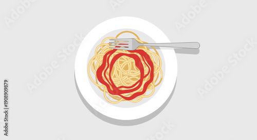A top-down illustration presents a plate of spaghetti with tomato sauce and a fork twirled with pasta, set against a neutral gray background, ideal for culinary or food-related designs.
