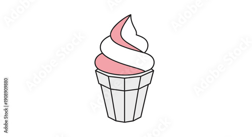 A simple vector illustration showcases a refreshing soft-serve ice cream cone, featuring a swirl of pink and white flavors, perfect for summer treats and dessert concepts.
