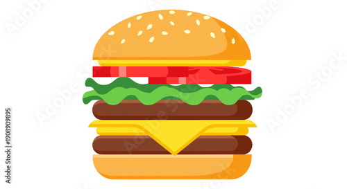 A vibrant, flat-style illustration showcases a delicious double-patty burger with fresh lettuce, juicy tomato, melted cheese, and a sesame seed bun, perfect for fast food and culinary projects.