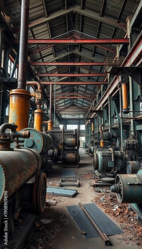 Abandoned factory interior with rusted machinery, abandoned building, ||industrial abandonment
