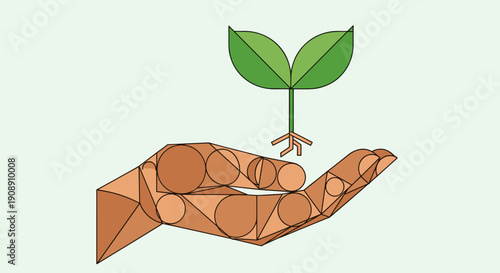 A geometric illustration depicts a hand cradling a growing plant, symbolizing growth, environmentalism, and the nurturing of new life against a light green backdrop.