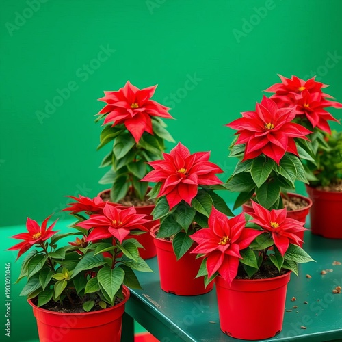 Poinsettia plants in red pots on a green table, table, ||christmas