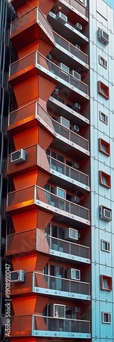 Multistorey structure with metallic exterior, angular shapes, and ventilation systems, technology, manufacturing facility