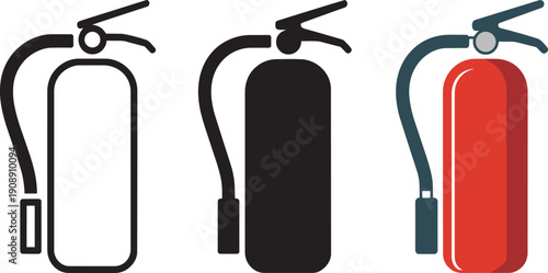 Fire extinguisher icons in outline silhouette and color versions for emergency safety equipment