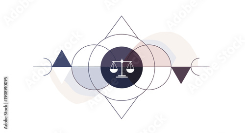 An abstract illustration presents a stylized balance scale within geometric shapes and a subtle color palette, symbolizing justice and legal concepts in a modern design.