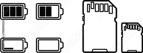 Battery level and SD memory card icon set minimal outline solid technology storage vector design collection