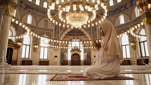 Serene Muslim Woman Praying Inside a Grand Mosque with Exquisite Architecture