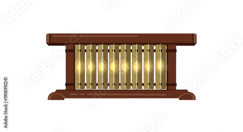 A detailed illustration presents a traditional Indonesian Gamelan instrument, showcasing its wooden frame and golden bronze bars, perfect for cultural and musical projects against a clean white