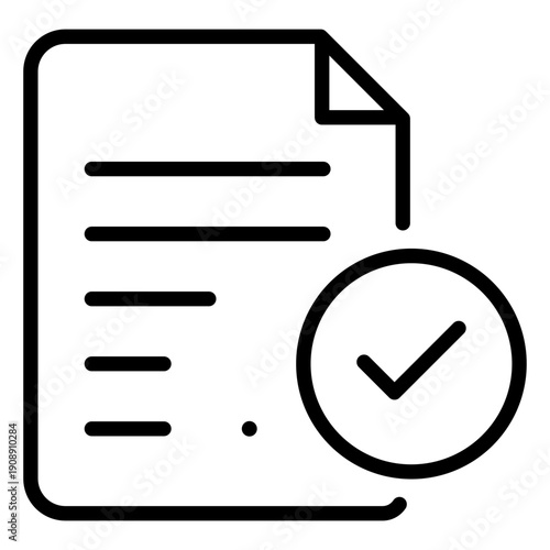 Line icon of a document with a check mark signifying a successful purchase and order verification