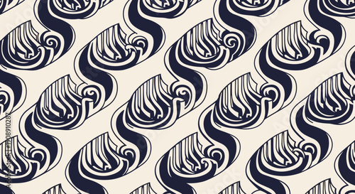 An elegant, repeating pattern features stylized, flowing shapes in navy blue against a cream background, creating a visually appealing and versatile design for various applications.