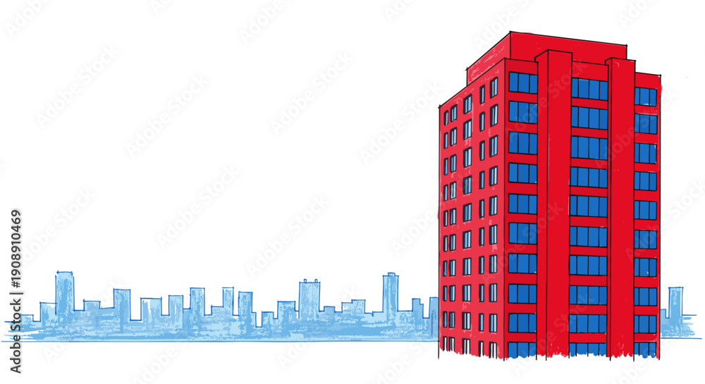 Obraz premium Vibrant red skyscraper stands tall against a stylized blue cityscape silhouette symbolizing urban development and modern