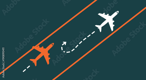 Two airplanes one orange and one white flying on parallel paths with dashed lines indicating movement and a curved arrow