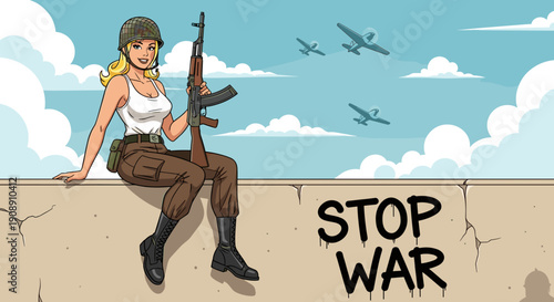 Retro propaganda style illustration of a determined female soldier with rifle sitting on a concrete barrier planes flying