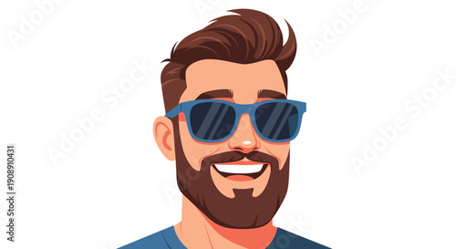 Smiling bearded man wearing cool blue sunglasses with stylish brown hair and a friendly expression set against a clean white