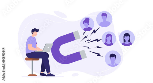 Man with laptop attracts customers using a giant magnet illustrating lead generation and marketing strategies in a flat design