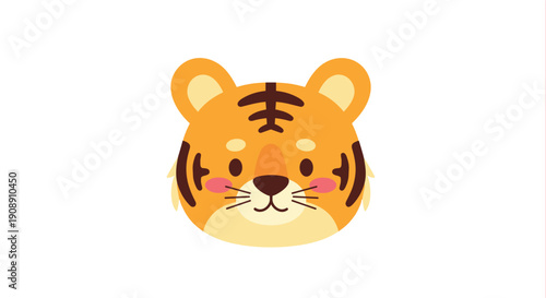 Cute cartoon tiger face illustration vibrant orange and black stripes adorable smiling expression rosy cheeks big round ears