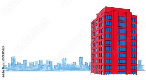 Vibrant red skyscraper stands tall against a stylized blue cityscape silhouette symbolizing urban development and modern