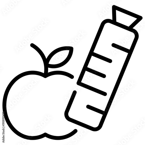 Minimalist line icon of an apple and a measuring tape representing healthy diet and nutrition