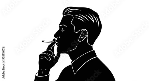 Silhouette of a sophisticated man in profile smoking a cigarette with a classic hairstyle exuding an air of contemplation