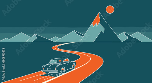 An illustrated vintage car travels along a winding road towards a mountain range with a setting sun, evoking a sense of adventure and travel in a stylized graphic.