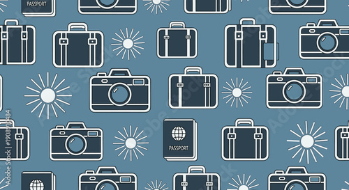 A repeating pattern showcases travel icons, including cameras, suitcases, sunbursts, and passports, arranged on a teal blue background, creating a seamless and visually appealing design.