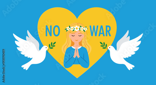 Peaceful young woman praying for no war with doves and olive branches symbolizing hope and tranquility against a vibrant yellow