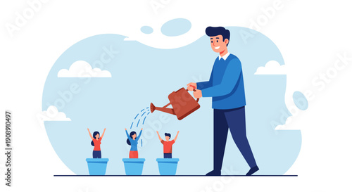 Man watering small plants with people inside symbolizing growth development and nurturing potential with a bright cheerful