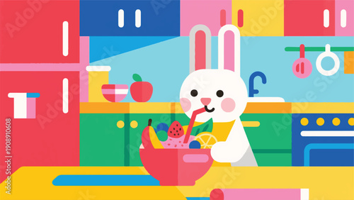 Illustration Of A Rabbit Drinking A Smoothie Bowl Filled With Fresh Fruit, Bright Kitchen, Healthy Lifestyle Vector Design Template