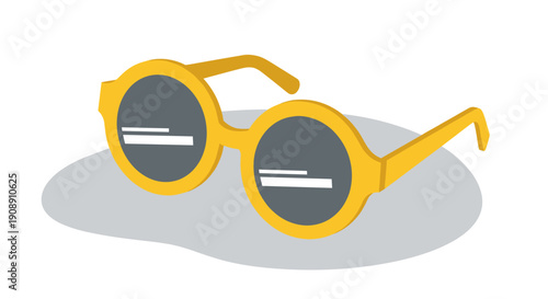 A vibrant illustration showcases a pair of yellow-framed sunglasses with dark lenses, suggesting vision or perception against a neutral, light-gray background with a subtle shadow.