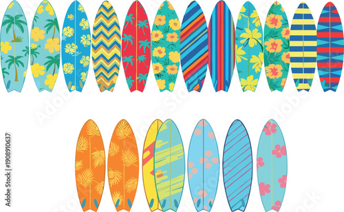 Tropical surfboard vector mega collection with colorful floral patterns and summer beach board designs
