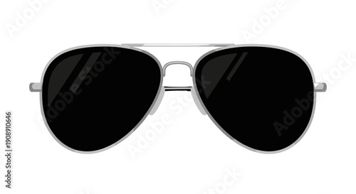 A vector illustration presents a pair of classic aviator sunglasses with a silver frame and dark lenses, isolated against a clean white background, ideal for design.